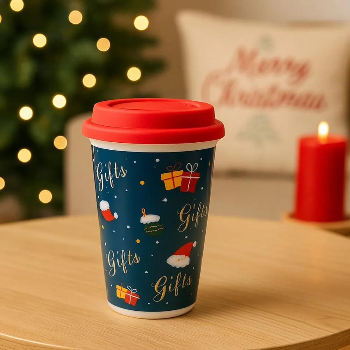 Blue coffee mug with red lid, festive gift and Santa motifs, on a wooden table