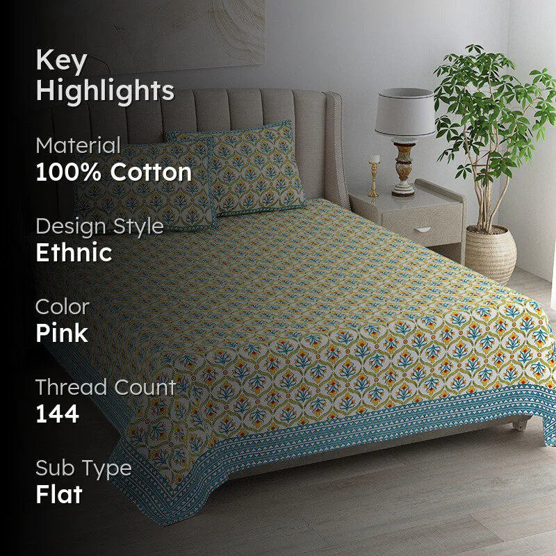 Ethnik Mirage Cotton Bedsheet (Blue, Yellow) - 144 TC media 2