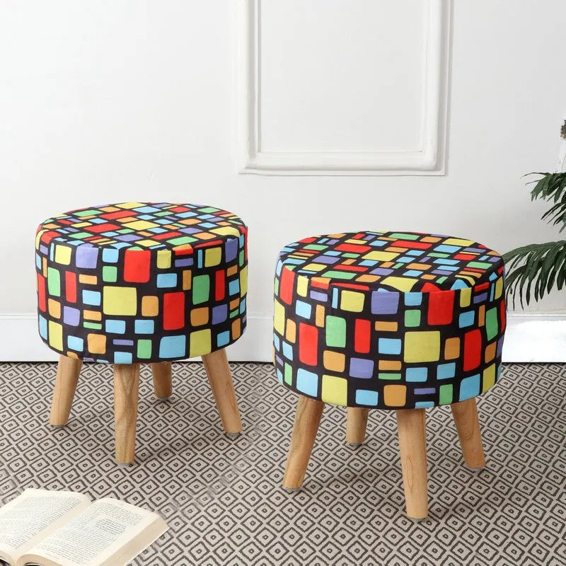 Ravira Block Print Multicolor Engineered Wood Ottomans - Set Of Two media 1