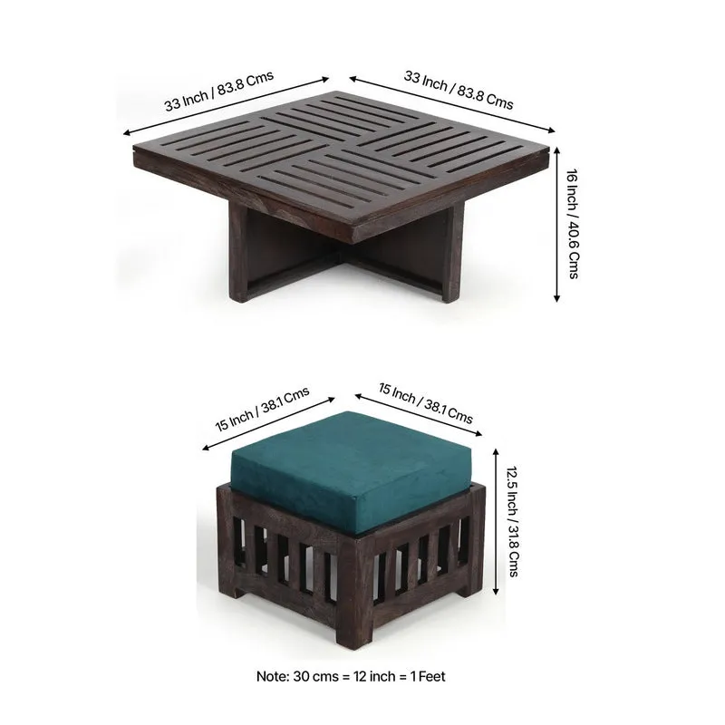 Hexiron Sheesham Wooden Center Table with Stools and Cushions (Brown,Blue) - Nine Piece Set media 12