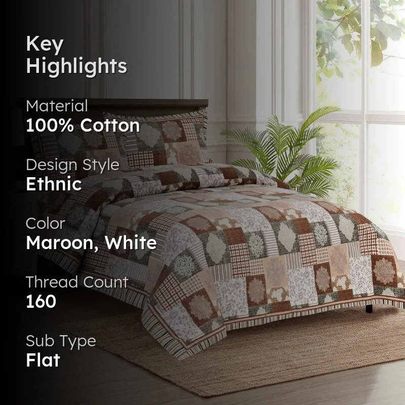 Aankhen Ethnic Cotton Bedsheet (Maroon,White) - 160 TC media 2
