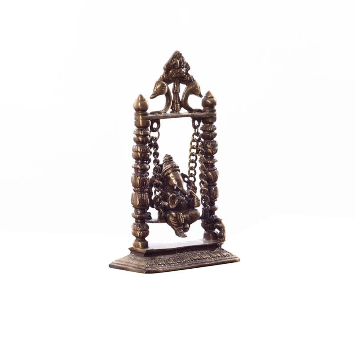 Angled view showing the ornate frame and swinging Ganesha idol