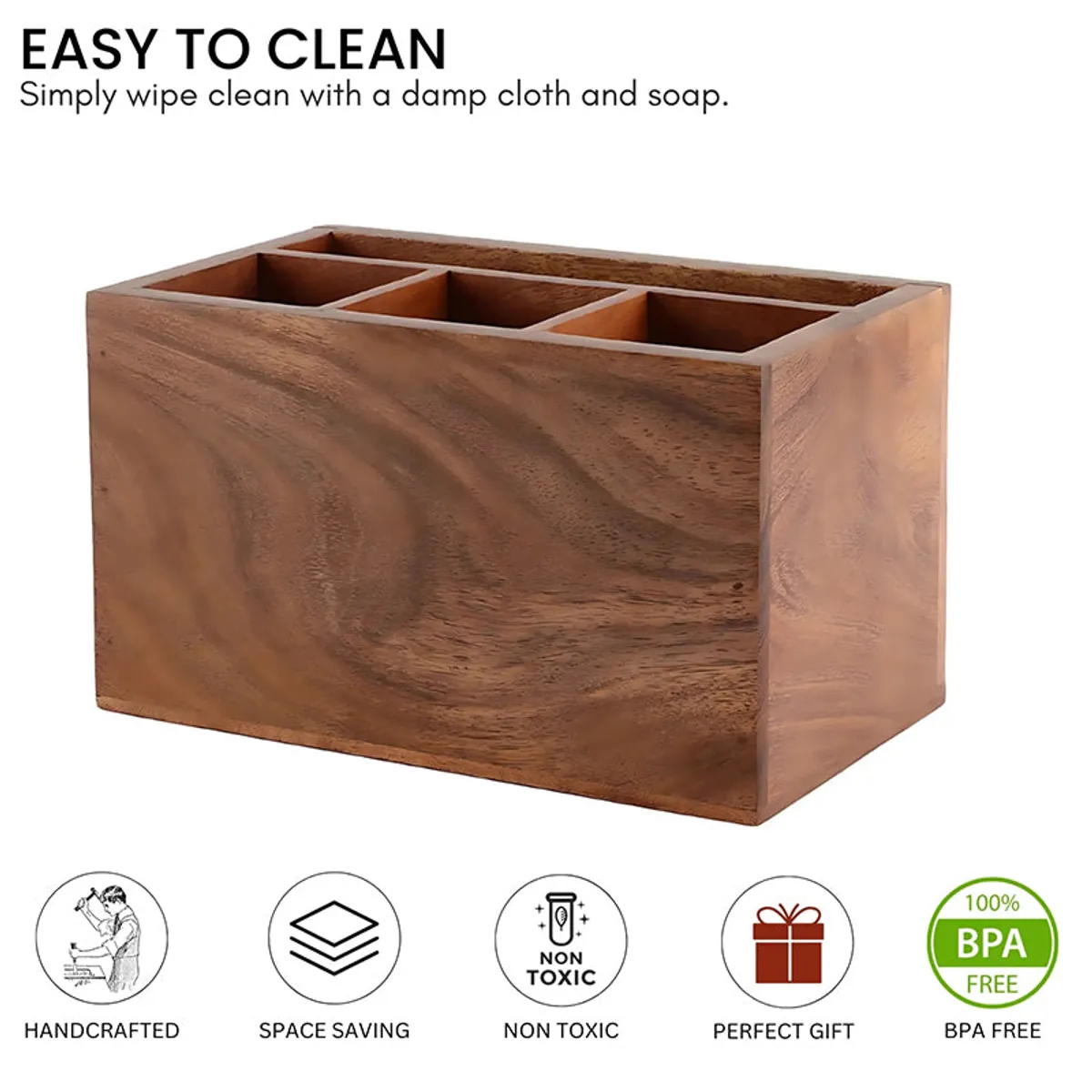 Rear three-quarter view showing the wood grain and open compartments of the holder