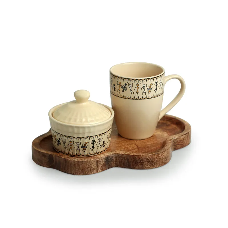 Warli Whirls Handpainted Ceramic High Tea Set (300 ML & 160 ML) - Three Piece Set media 4
