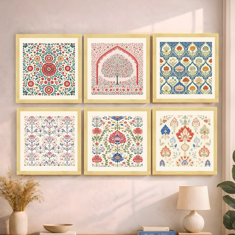 Ethereal Blossoms Paper Wall Painting With Frame - Set Of Six