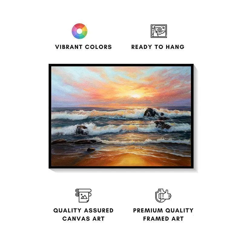 Golden Sunrise On Beach Wall Painting - Black Frame media 4