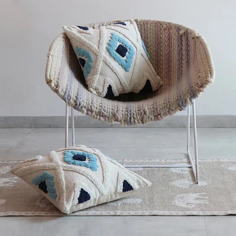 India Circus Terra Spades Tufted Square Cotton Cushion Cover (White,Blue) - Set Of Two media 1