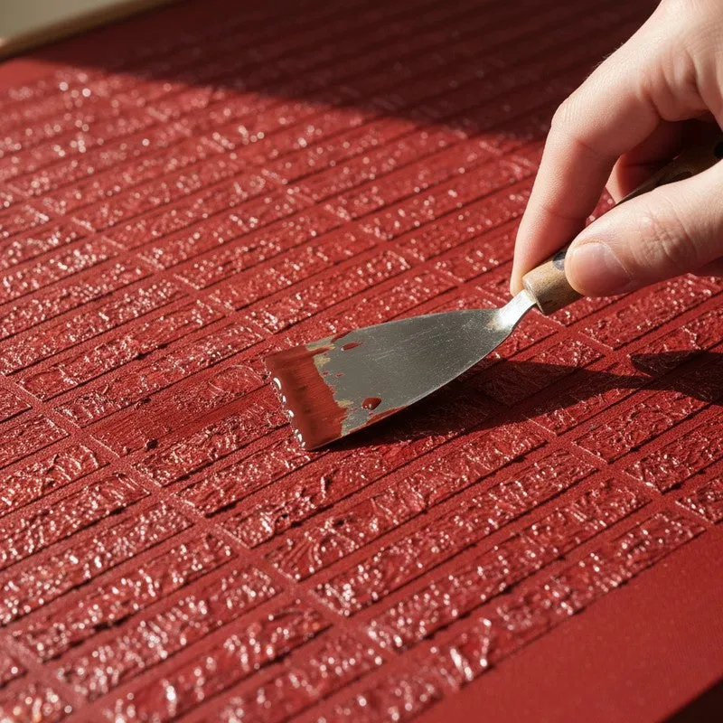 Hand applying paint over the textured maroon canvas surface