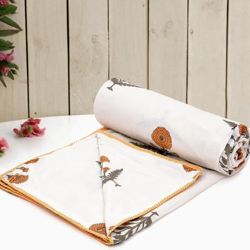 Hansa Floral Reversible Cotton Dohar (White & Orange) - 180 GSM media 3