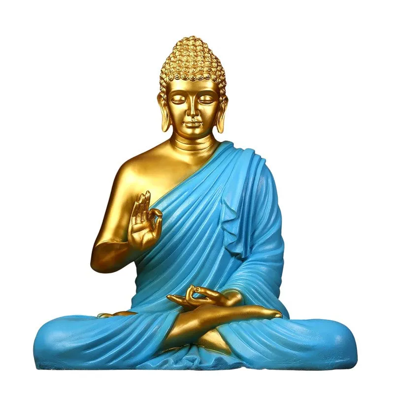Front view of blue and gold Buddha marble showpiece on white background