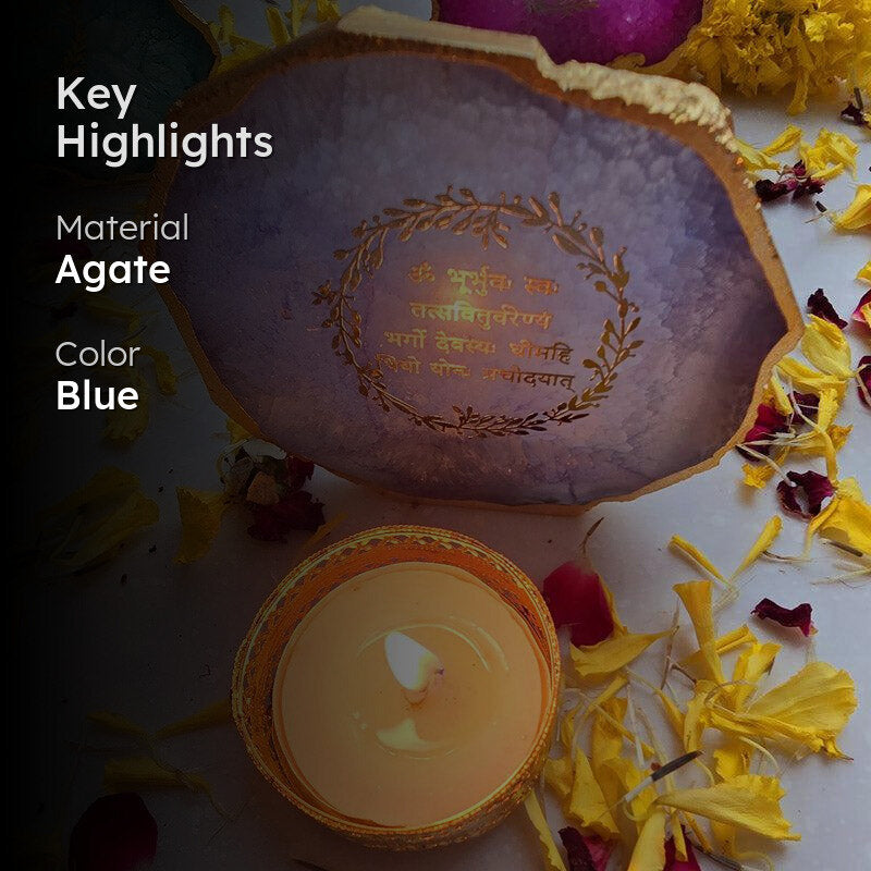 Festive Gayatri Mantra Agate Tealight Candle Holder - Blue media 2