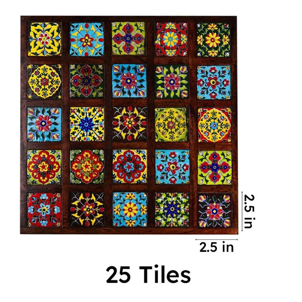 Top view of 25 colourful decorative tiles arranged in a grid