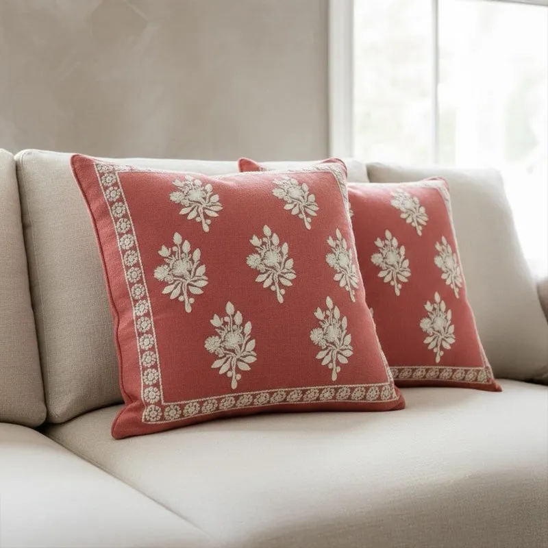 Blossoms Embroidered cushion cover (Red,White) - Set Of Two media 3
