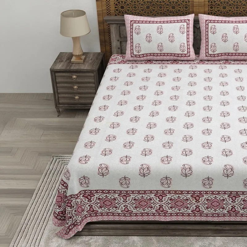 Bloomly Cotton Bedsheet (Off White,Maroon) - 240 TC media 3