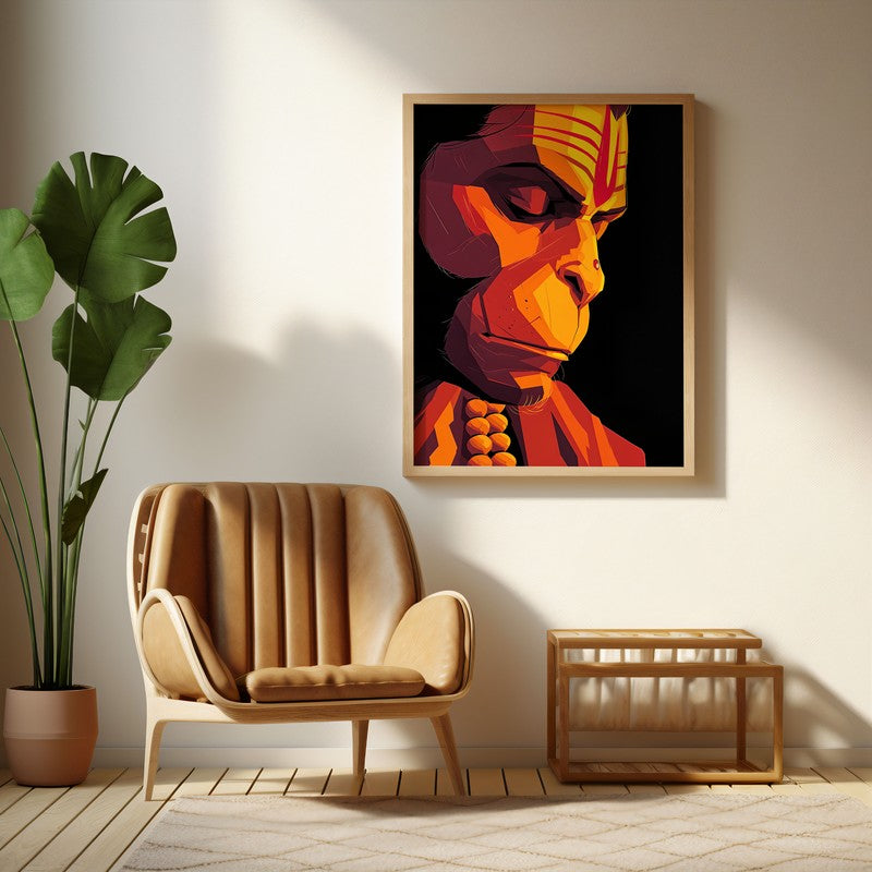 Powerful Bajrangbali III Archival Paper Wall Art - Natural Brown Frame