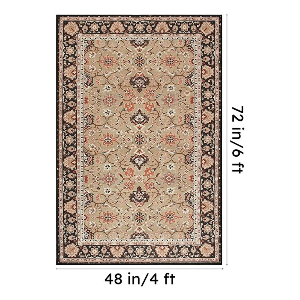 Rectangular patterned carpet with size markings showing 48 inches by 72 inches