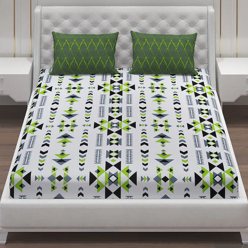 Monte Carlo Magique Angle Cotton Bedsheet (White,Green) - 104 TC media 4