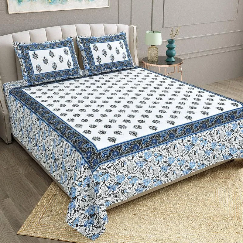 Bhasma Floral Cotton Bedsheet (Blue,White) - 200 TC media 3