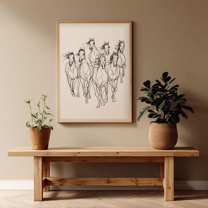 Graceful Horse Lines Wall Painting With Brown Frame media 1