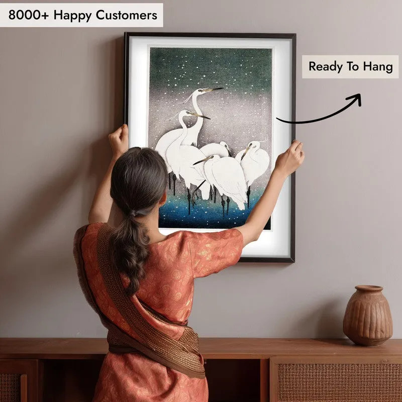 Group of Egrets Ohara Koson Archival Canvas Wall Painting - Black Frame media 6