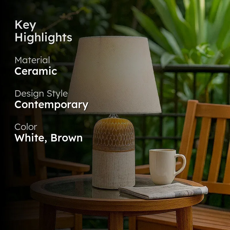 Flexora Ceramic Table Lamp with Fabric Shade - White,Brown media 2