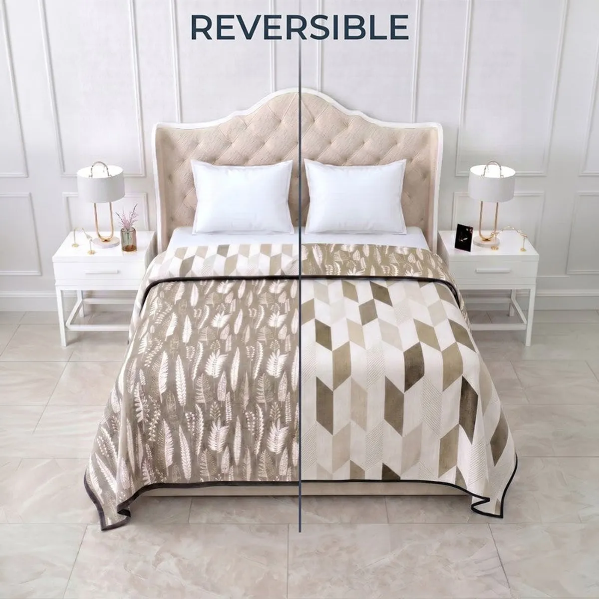 Reversible dohar displayed on a bed showing both botanical and geometric sides
