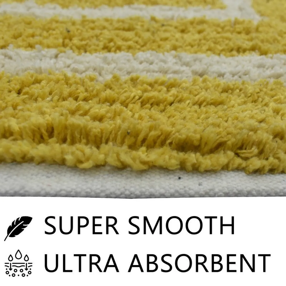Close-up view of the soft textured yellow and white bath mat surface