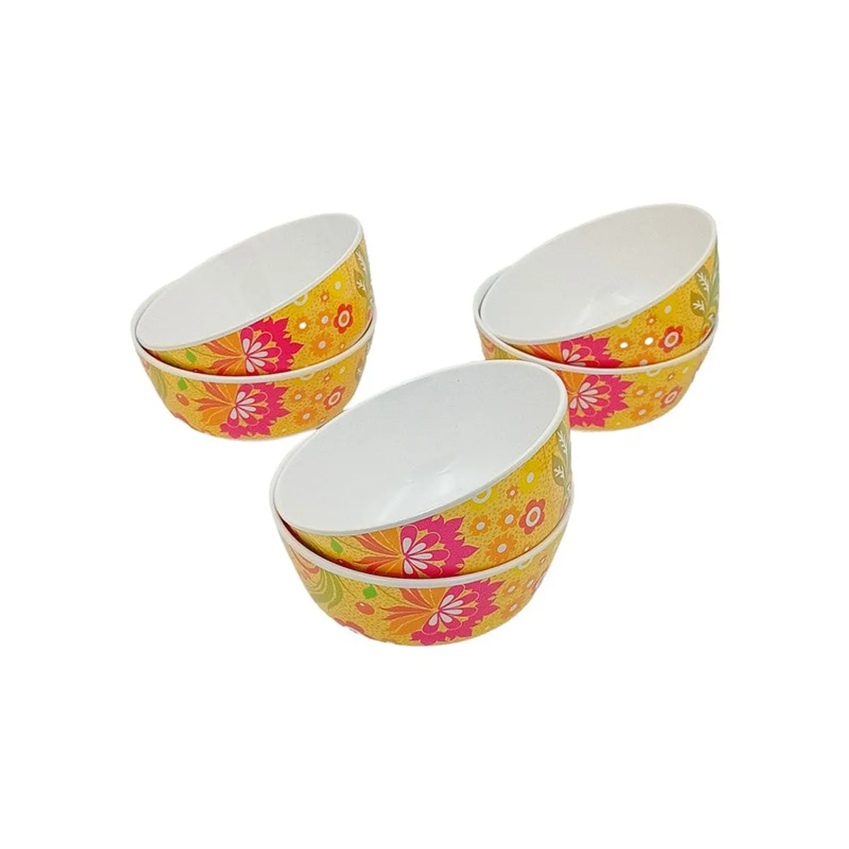 Three yellow and pink floral snack bowls arranged separately