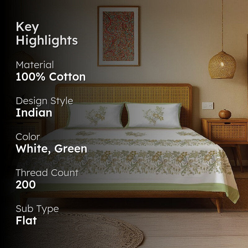 Urban Space Rangrez Aura Cotton Bedsheet (Green) - 200 TC media 2