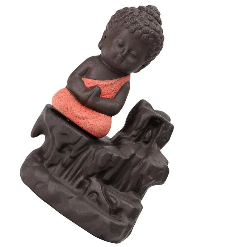 Baby Buddha Monk Polyresin Smoke Fountain - Orange & Brown media 5