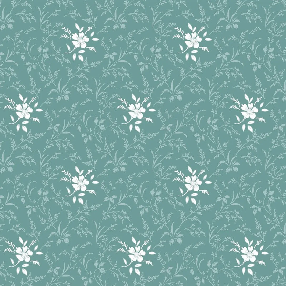 Close-up of the teal curtain panel with a delicate white floral print.