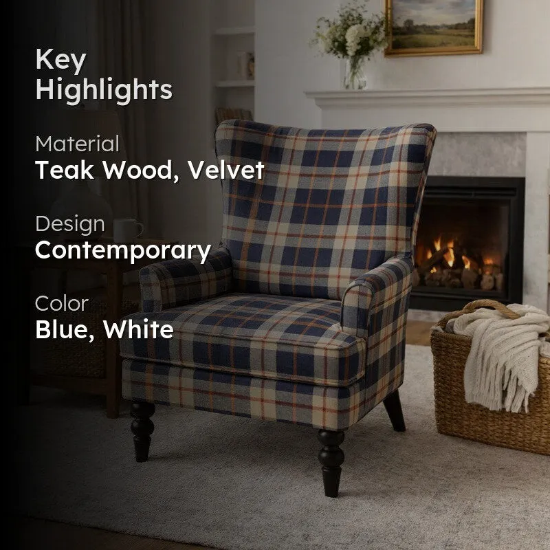 Navy Check Teak Wood & Velvet Upholstered Lounge Chair media 2