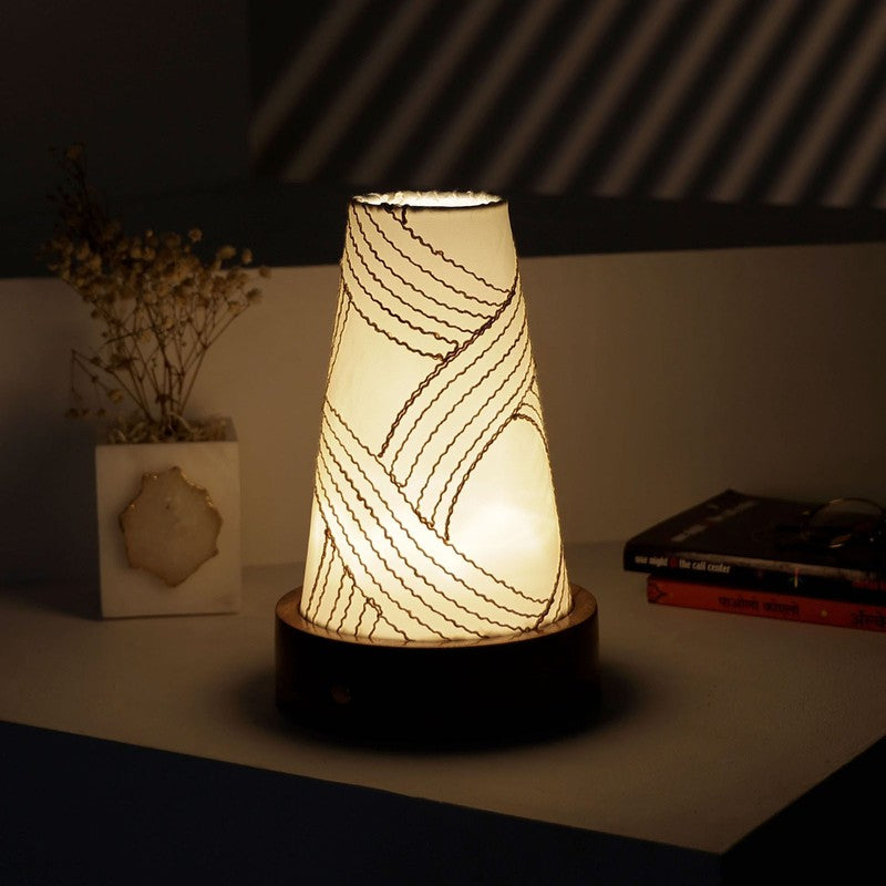 Glowen Cone Pattern Base Fabric Wooden Table Lamp - White