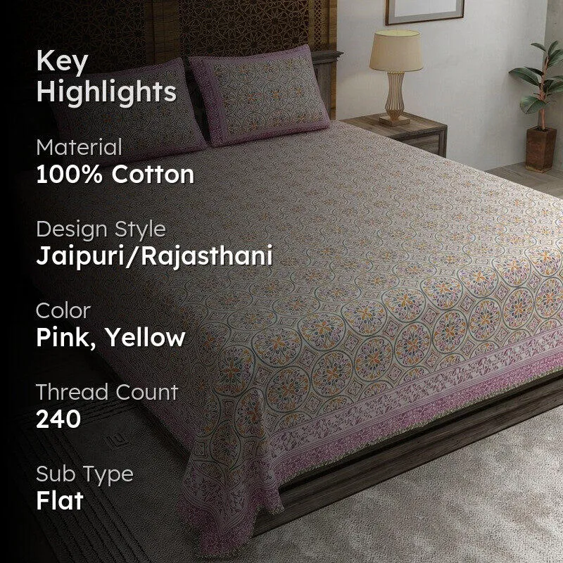 Nesten Cotton Bedsheet (Pink,Yellow) - 240 TC media 2