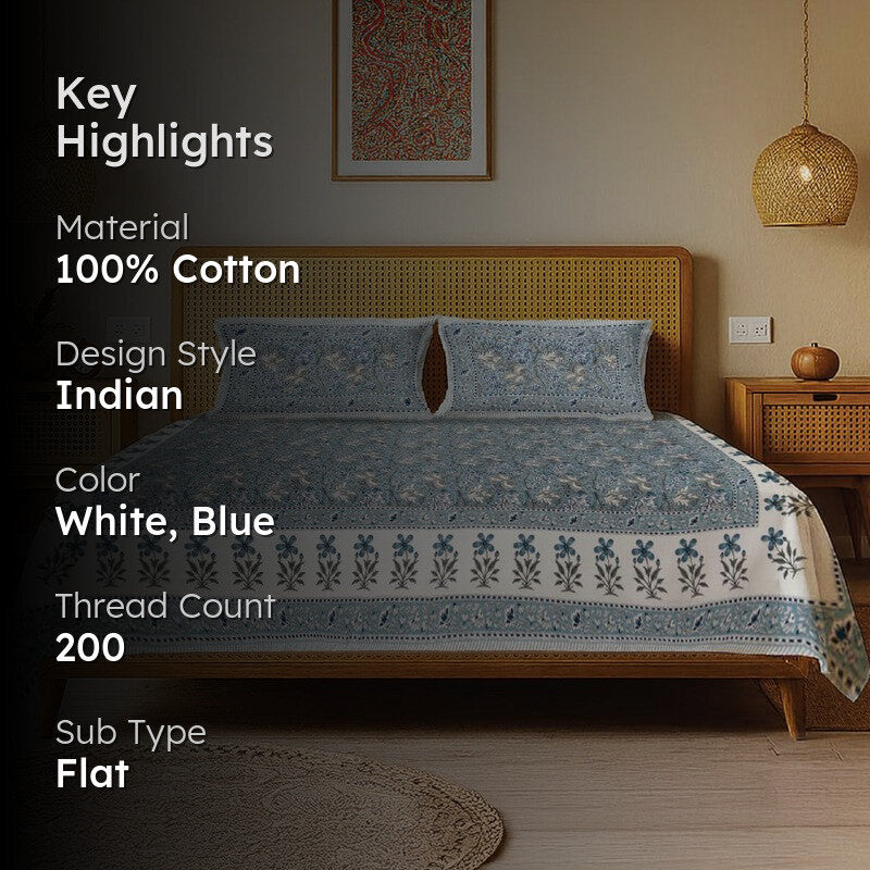 Urban Space Prakriti Pure Cotton Bedsheet (Blue) - 200 TC media 2
