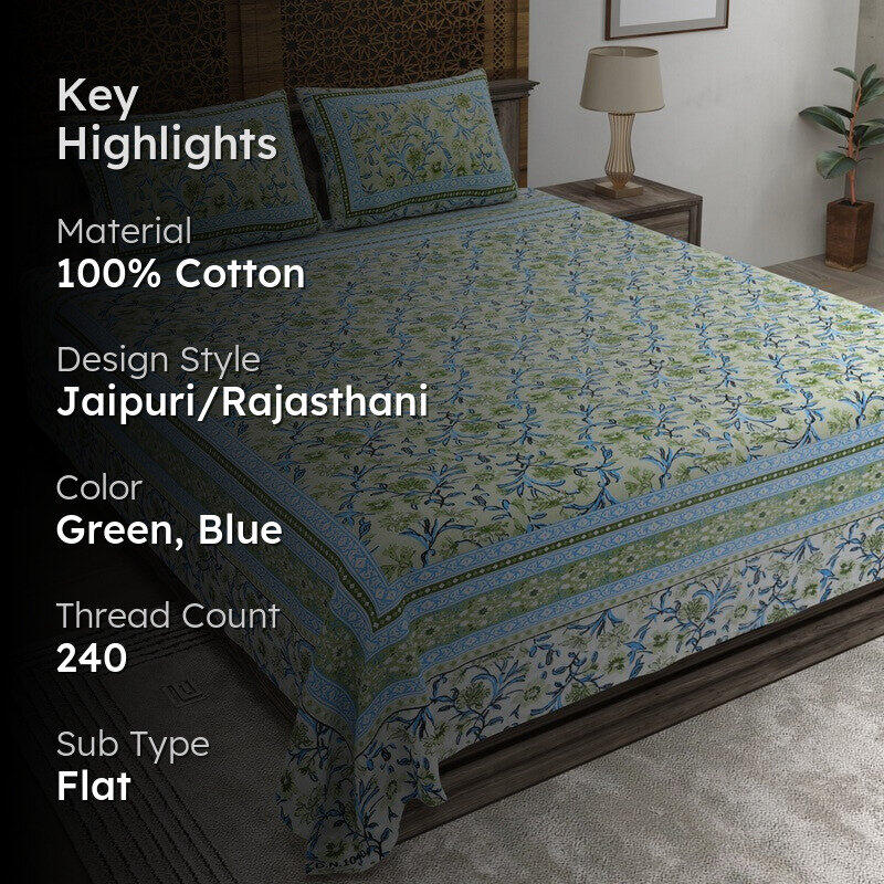 Bloomen Cotton Bedsheet (Green,Blue) - 240 TC media 2