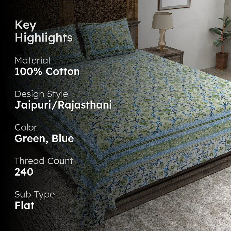Bloomen Cotton Bedsheet (Green,Blue) - 240 TC media 2