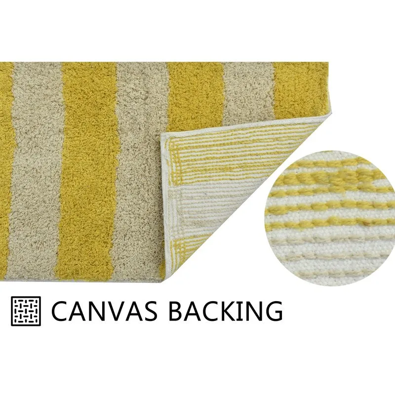 Yellow and white striped bath mat with folded corner on white background