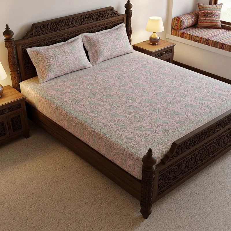 Irava Floral Cotton Bedsheet (Pink) - 144 TC media 1