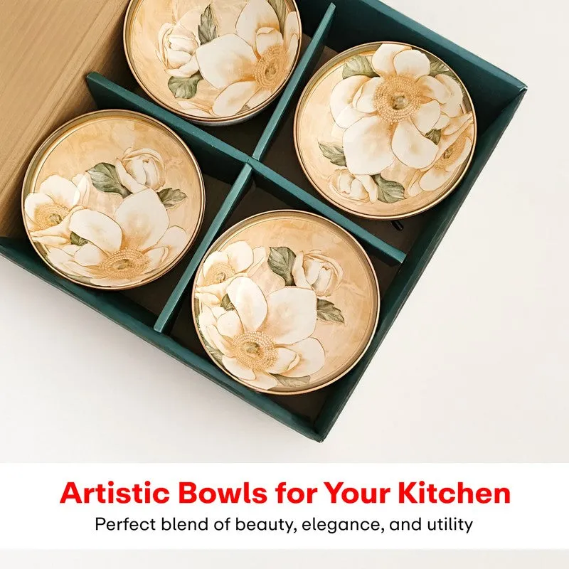Four floral bowls arranged in a divided presentation box