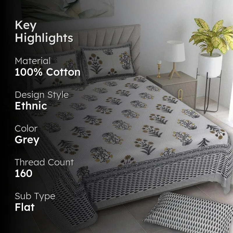 Brynn Floral Cotton Bedsheet (Grey) - 160 TC media 2