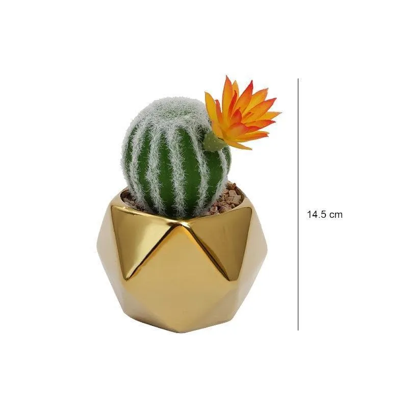Faux Stripe Cacti In Gold Ceramic Pot - 15 cms media 3