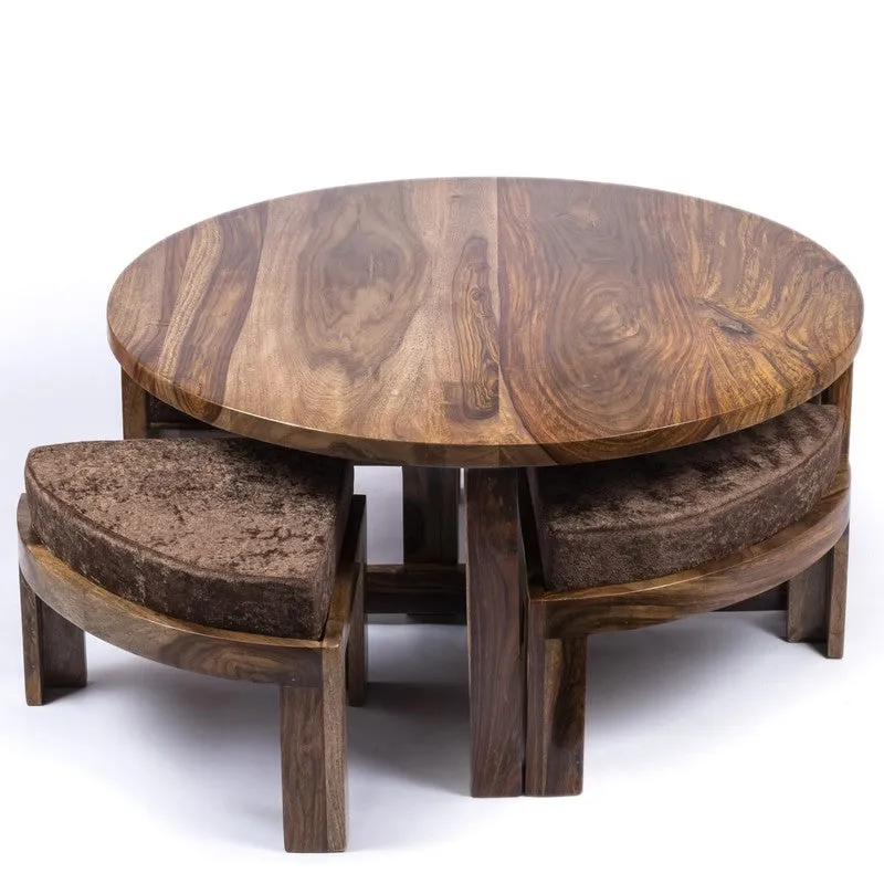 Iveron Sheesham Wooden Center Table with Stools and Cushions (Brown) - Nine Piece Set media 5