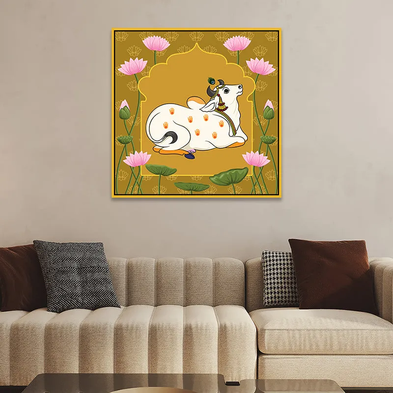 Resting Cows Canvas Wall Painting With Frame - Gold media 4