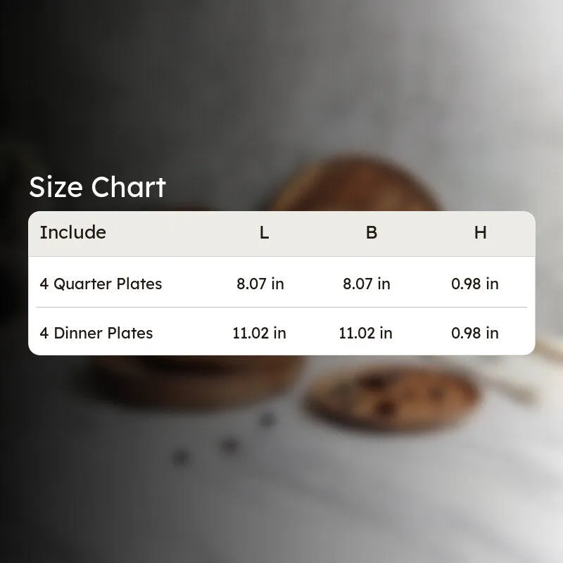 Brown wooden dinnerware shown behind a product information graphic