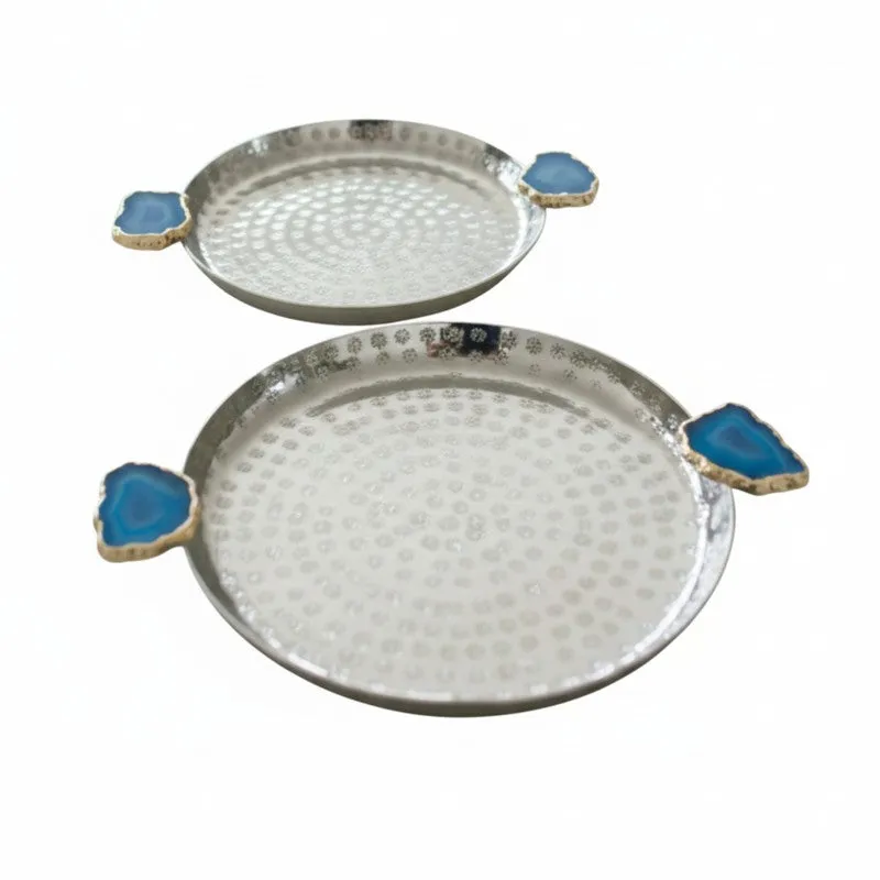 Samitha (Aluminum,Agate) Platter With Agate Decoration (Blue) - Set of Two media 4