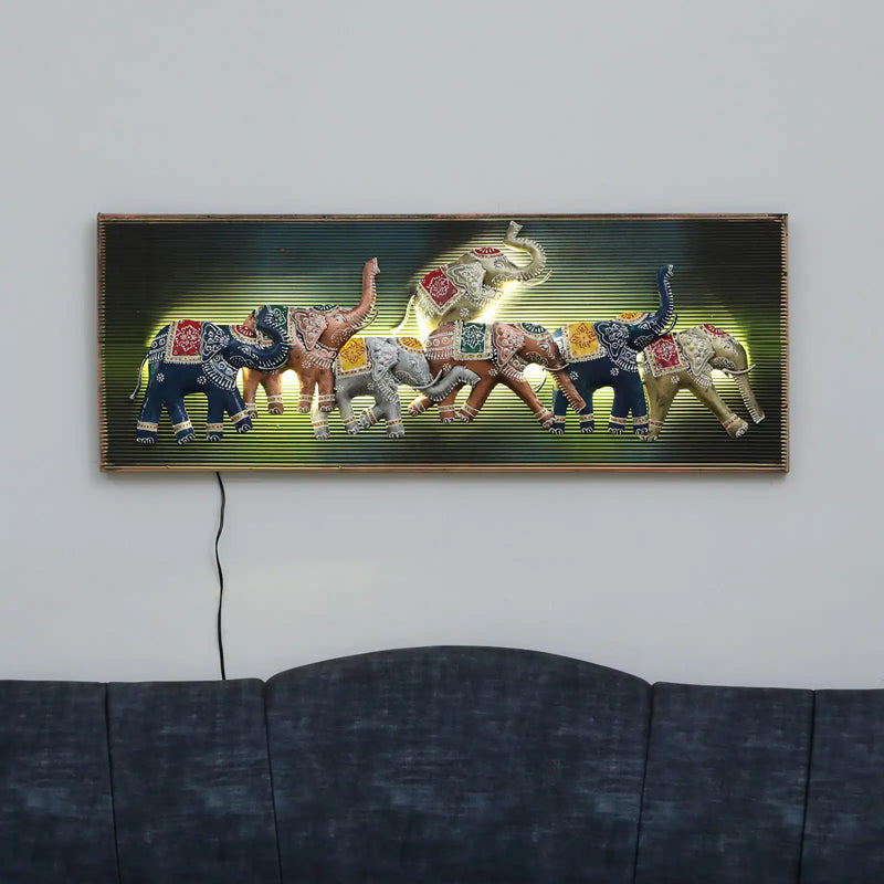 Colorful Elephants Iron Wall Accent With Wooden Frame