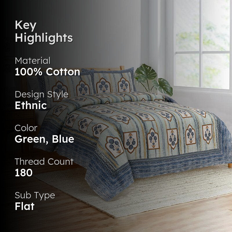 Nanda Ethnic Cotton Bedsheet (Green,Blue) - 180 TC media 2