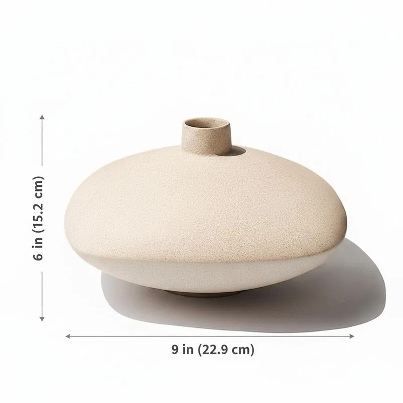 Ivory low bowl vase shown on a white background with dimension arrows