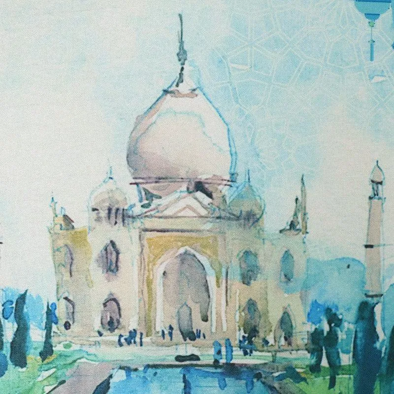 Close-up of Taj Mahal print on cushion cover in soft blue and green tones